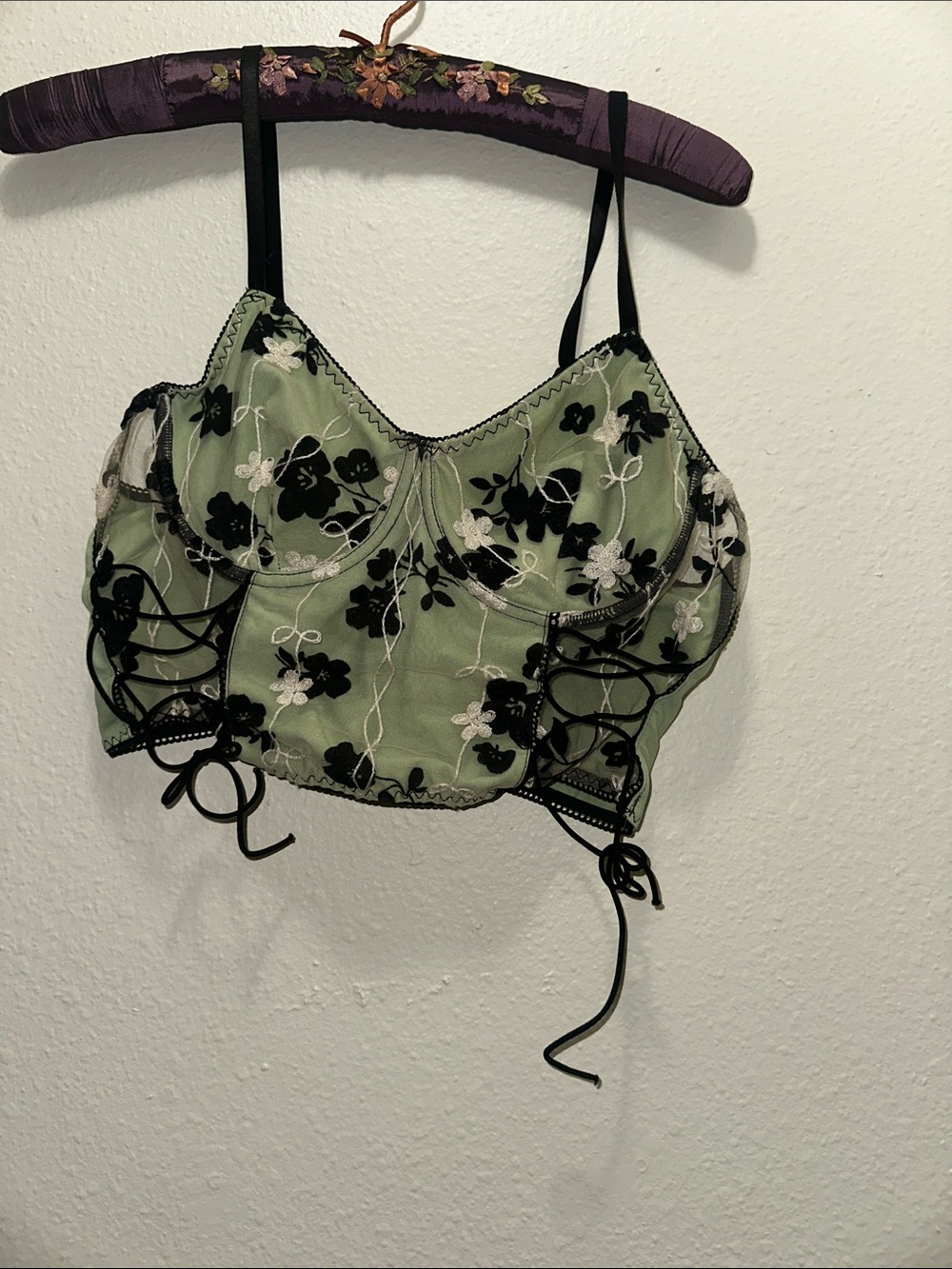 ROMWE Green Floral Lace-Up Bustier Crop Top